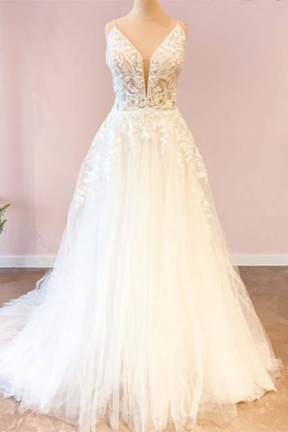 Chicloth Elegant Spaghetti-Straps Sleeveless Tulle Lace Wedding Dress Online