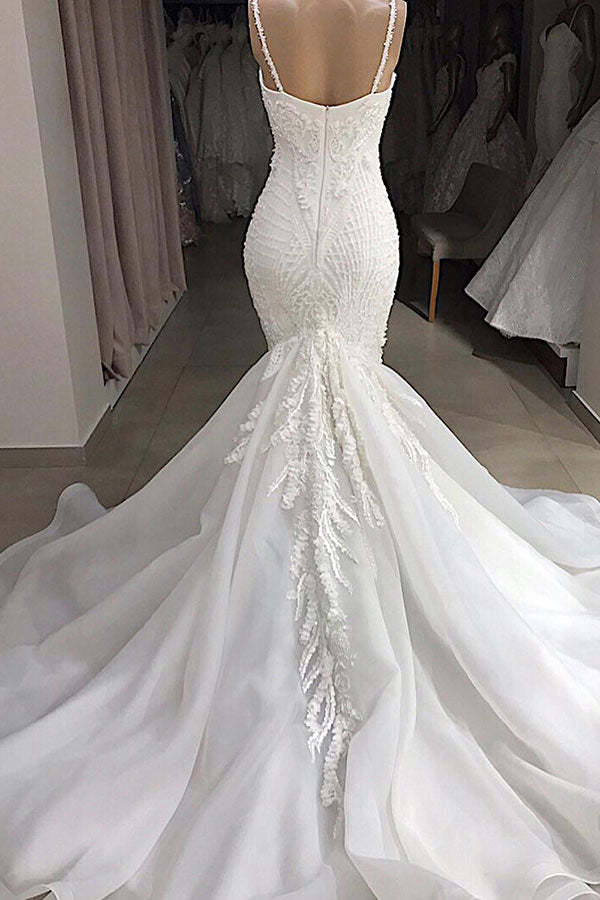 Chicloth Sexy Mermaid Spaghetti Straps Ivory Wedding Dresses With Appliques Tulle Lace Bridal Gowns On Sale