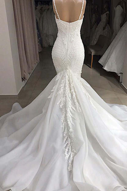 Chicloth Sexy Mermaid Spaghetti Straps Ivory Wedding Dresses With Appliques Tulle Lace Bridal Gowns On Sale