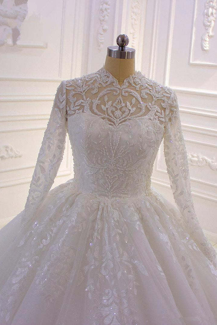Chicloth Luxury Ball Gown High Neck Tull Lace Wedding Dress Long Sleeves Appliques Sequins Bridal Gowns Online