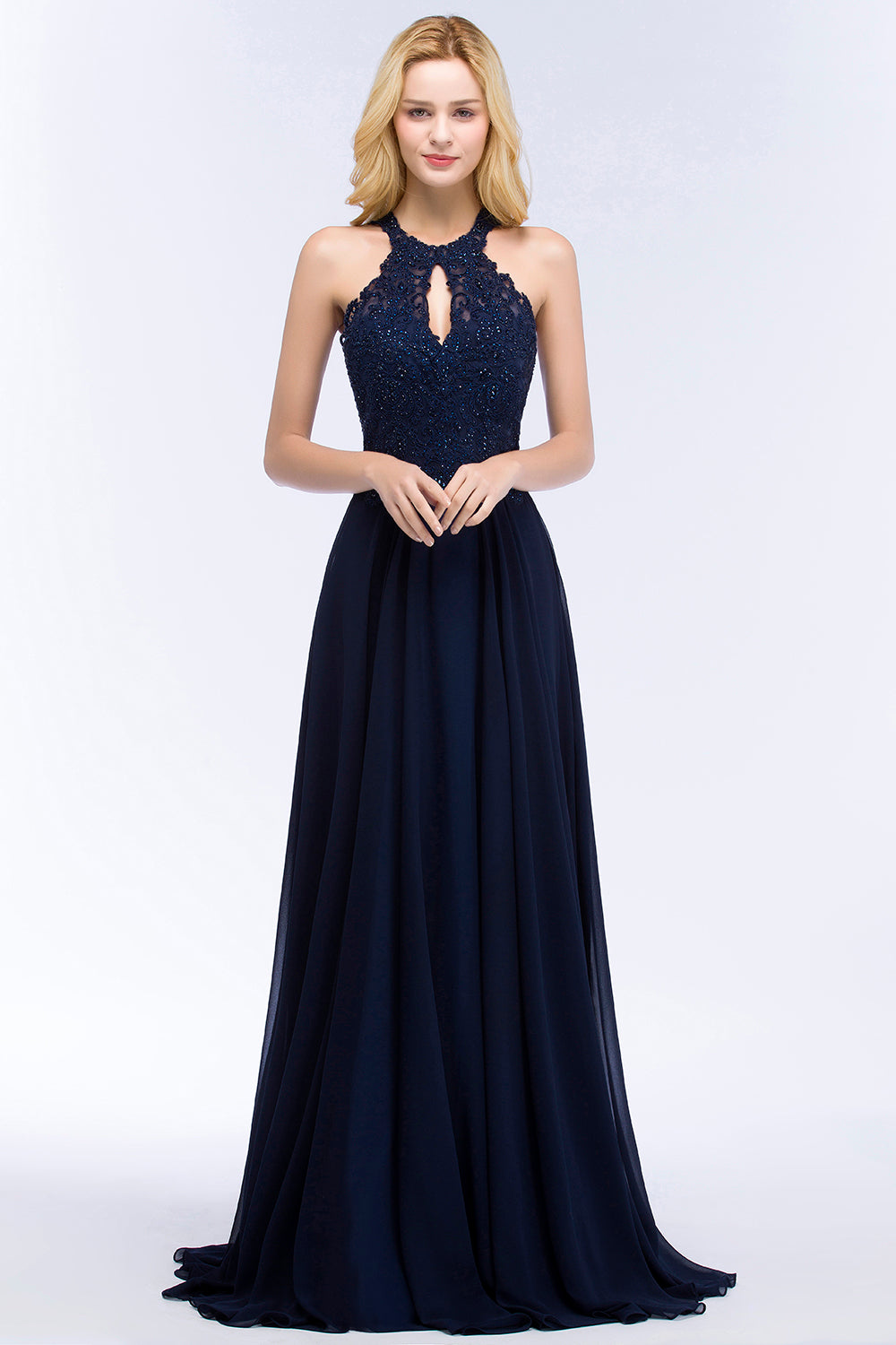 Chicloth A-line Keyhole Neckline Halter Long Beading Prom Dress