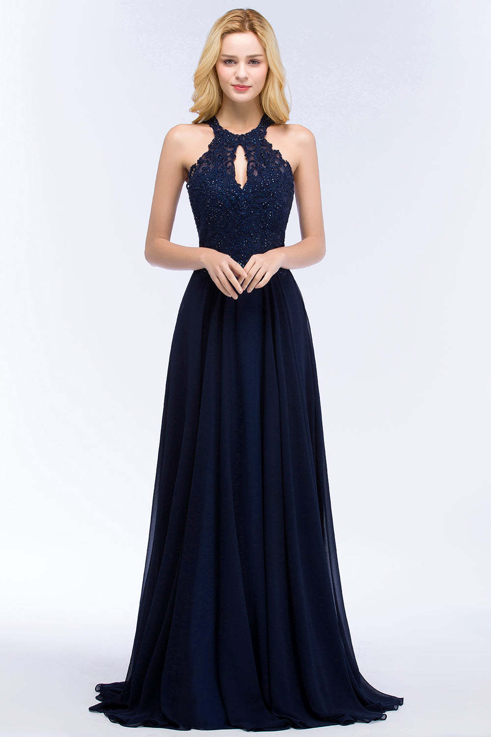 Chicloth A-line Keyhole Neckline Halter Long Beading Prom Dress