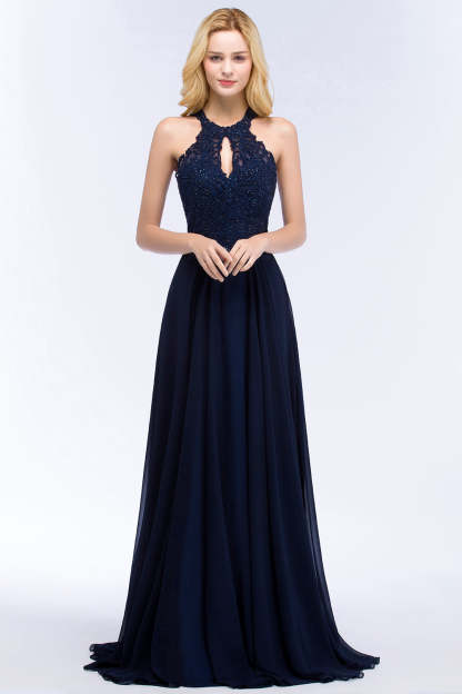 Chicloth A-line Keyhole Neckline Halter Long Beading Prom Dress
