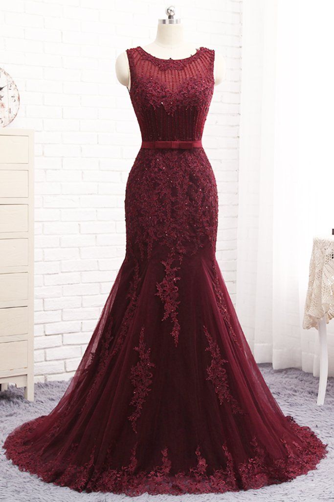 Chicloth Gorgeous Burgundy Mermaid Prom Dress With Lace Appliques Online