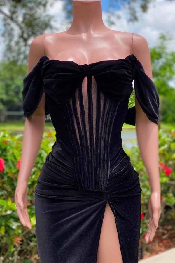 Stunning A-Line Black Velvet Off-Shoulder Sleeveless Prom Dress