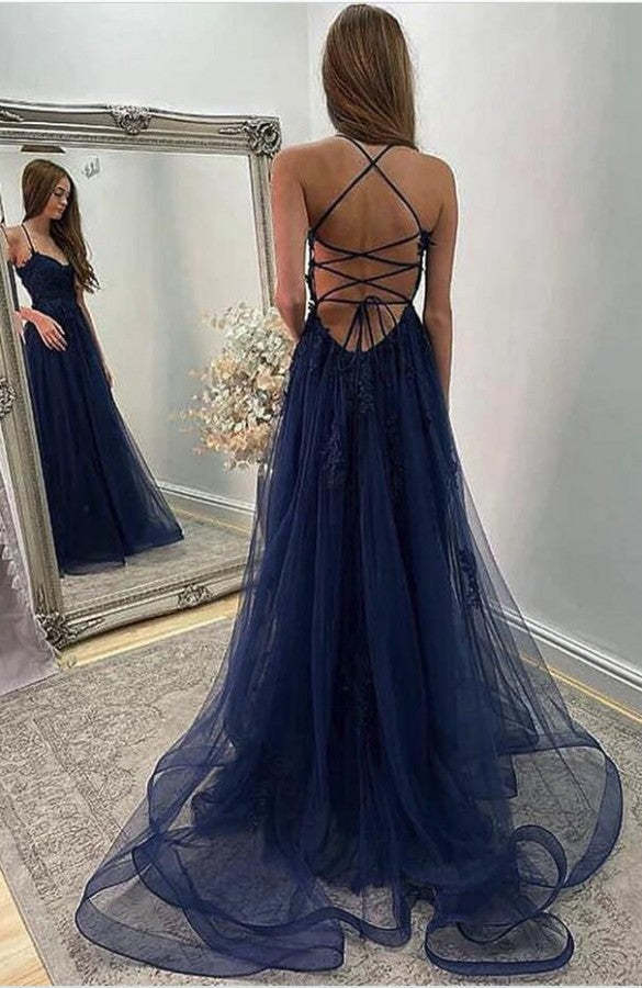 Chicloth Spaghetti-Straps Dark Navy Tulle Prom Dress Long On Sale