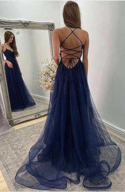 Chicloth Spaghetti-Straps Dark Navy Tulle Prom Dress Long On Sale