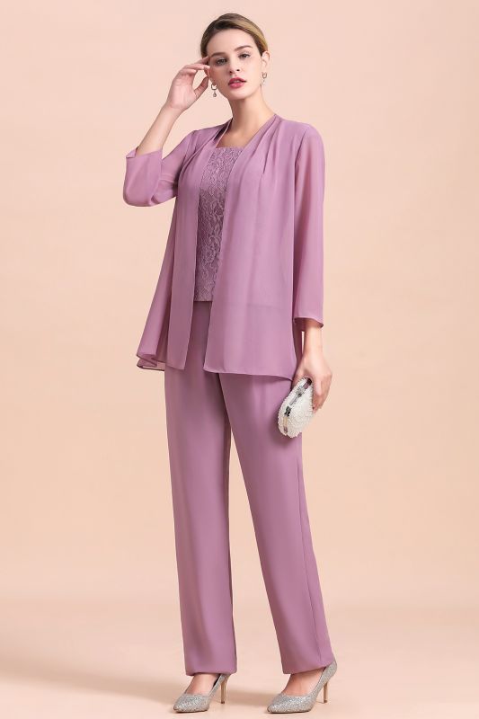 Chiffon 3 Pieces Mother of the Bride Dress Scoop Neck Floral Lace Lilac Jumpsuit Wedding Guest Dress