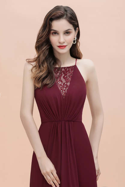 Chicloth Sexy V-neck Burgundy Chiffon Bridesmaid Dress Spaghetti Straps Lace Sequins Evening Dress