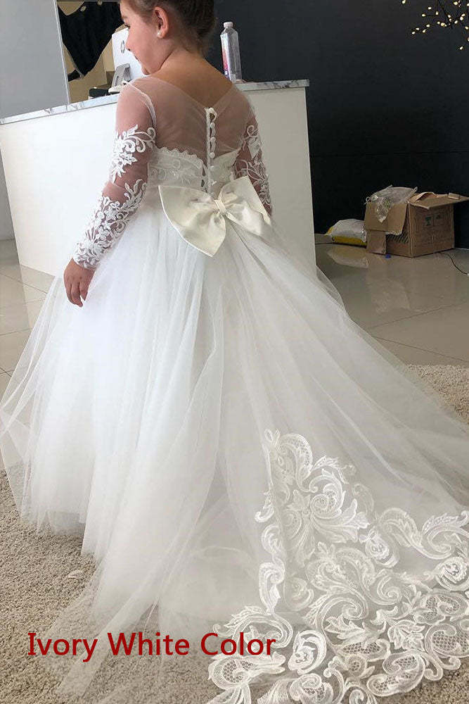 Chicloth Long Sleeve Tulle Lace Flower Girl Dress With Bowknot