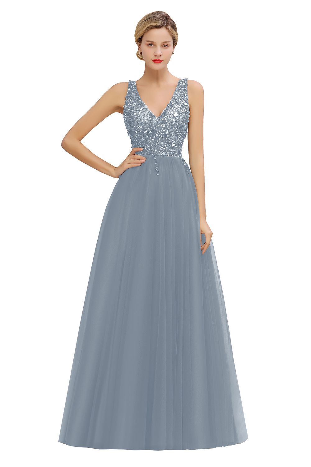Chicloth Glamorous V-Neck Sleeveless Prom Dress Long Tulle Evening Gowns With Crystals
