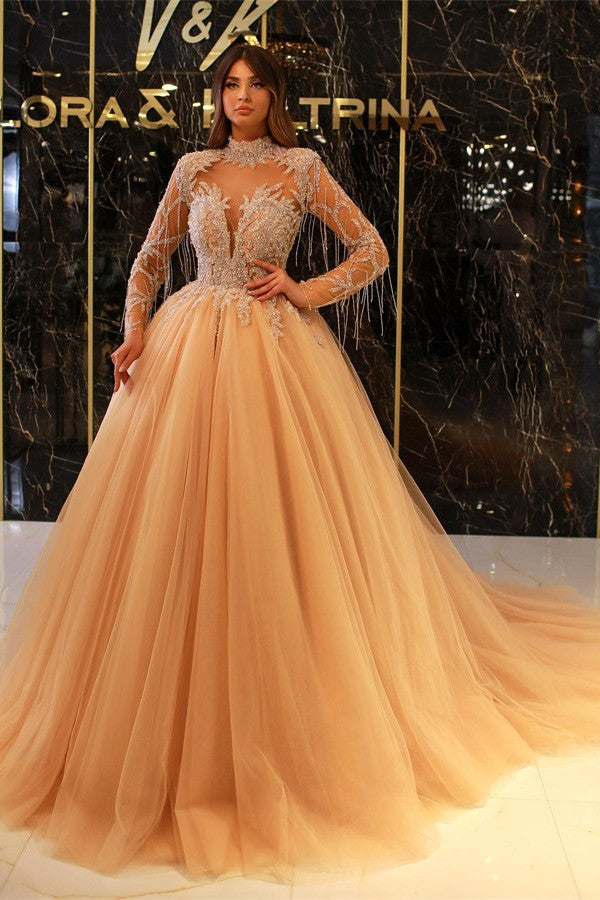Chicloth Long Sleeves Ball Gown Prom Dress Tulle With Appliques