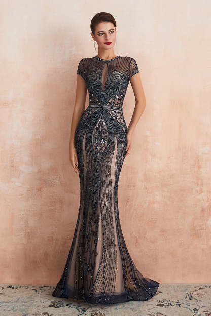 Chicloth Luxurious Crystal Short Sleeve Prom Dress Long Mermaid Kehole Evening Gowns With Zipper Back
