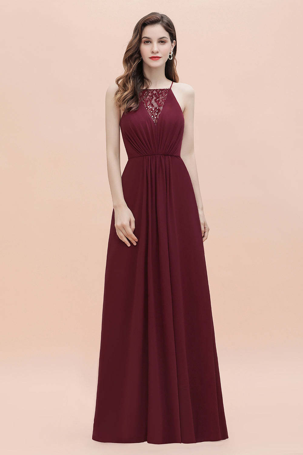 Chicloth Sexy V-neck Burgundy Chiffon Bridesmaid Dress Spaghetti Straps Lace Sequins Evening Dress