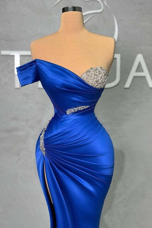 Chicloth Off-the-Shoulder Royal Blue Prom Dress Mermaid With Beads