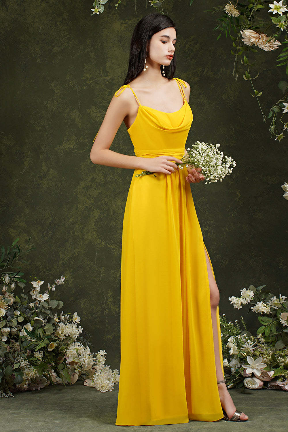 Chicloth Spaghetti-Straps Bridesmaid Dress Chiffon With Slit