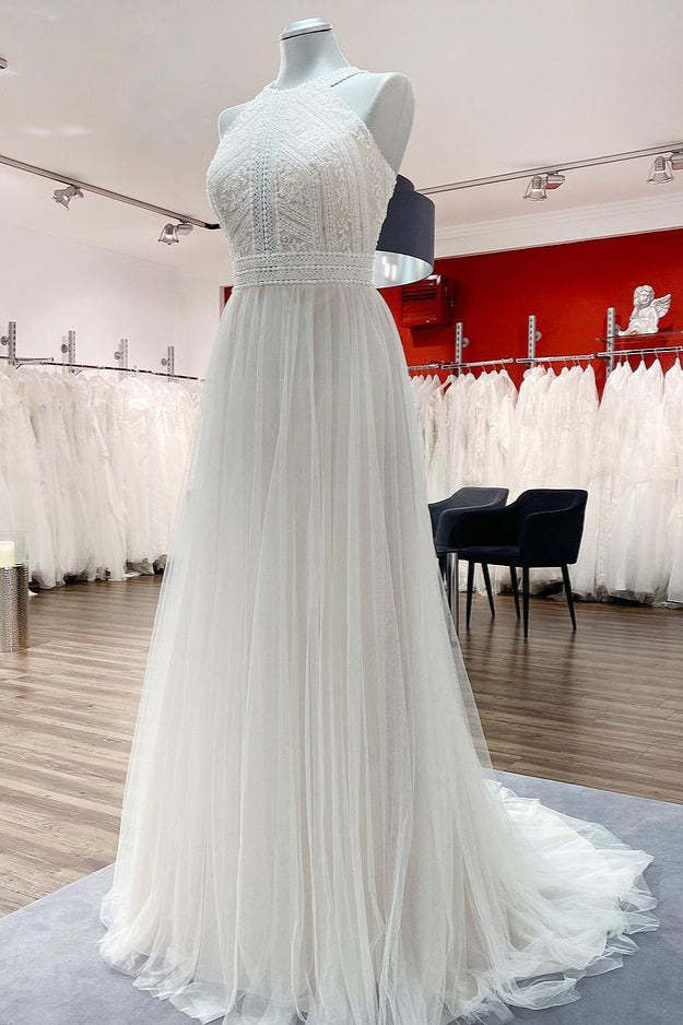 Chicloth Halter Tulle Ivory Lace Backless Wedding Dresses