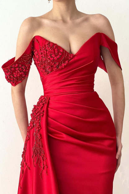 Chicloth Red Off-the-Shoulder Prom Dress Mermaid With Ruffles