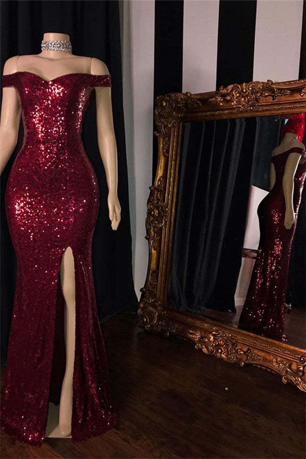 Chicloth Burgundy Sequins Long Prom Dress Mermaid