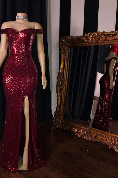 Chicloth Burgundy Sequins Long Prom Dress Mermaid