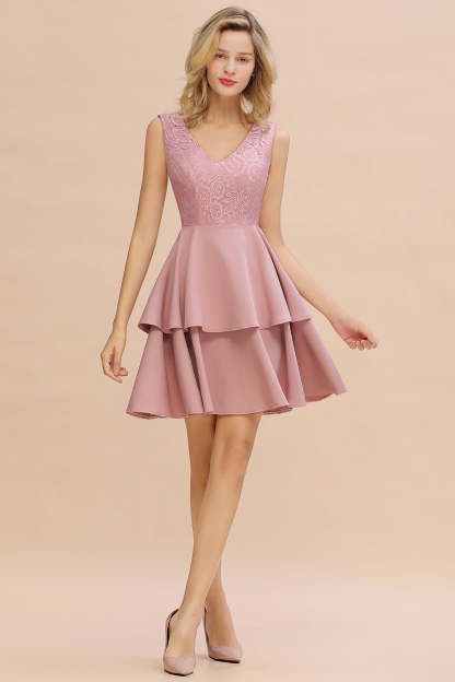 Chicloth Lovely Sleeveless Lace Short Prom Dress Mini Party Gowns With Two Layers