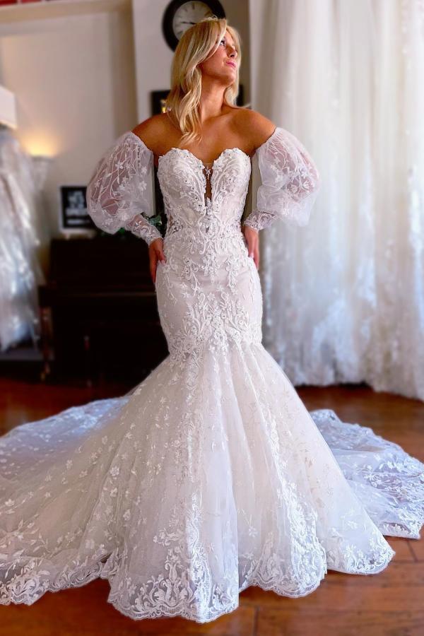 Sweetheart White Tulle Lace Bridal Gown Strapless Mermaid Wedding Dress