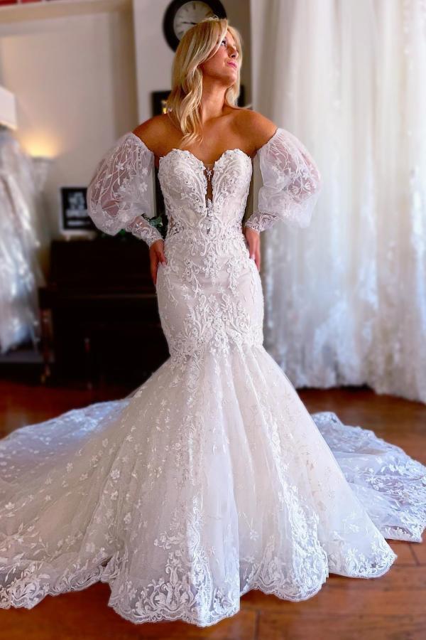 Sweetheart White Tulle Lace Bridal Gown Strapless Mermaid Wedding Dress