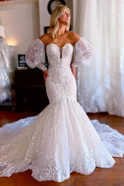 Sweetheart White Tulle Lace Bridal Gown Strapless Mermaid Wedding Dress
