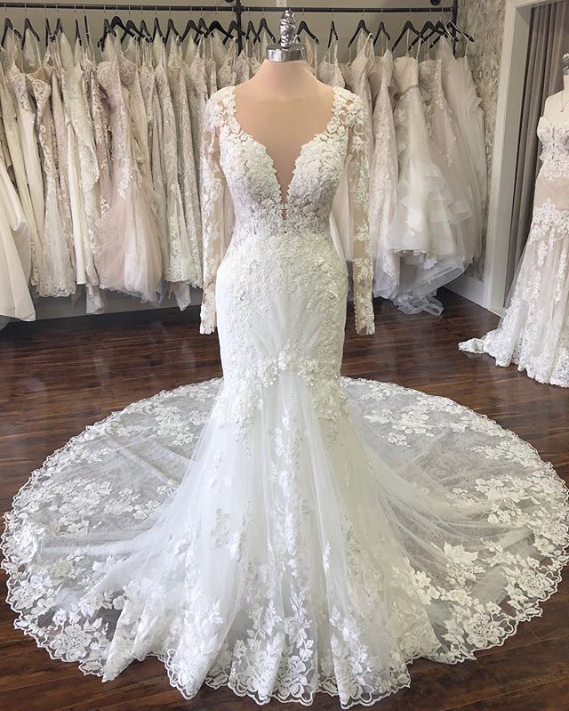 Chicloth Elegant Jewel Longsleeves Mermaid Wedding Dresses Tulle Ruffles Lace Bridal Gowns With Appliques On Sale