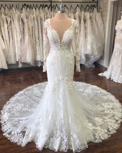 Chicloth Elegant Jewel Longsleeves Mermaid Wedding Dresses Tulle Ruffles Lace Bridal Gowns With Appliques On Sale