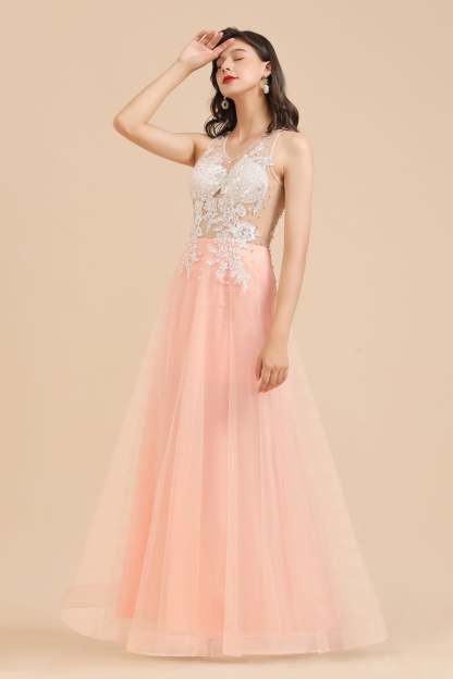 Chicloth Round Neck Lace Appliques Long Evening Prom Dress