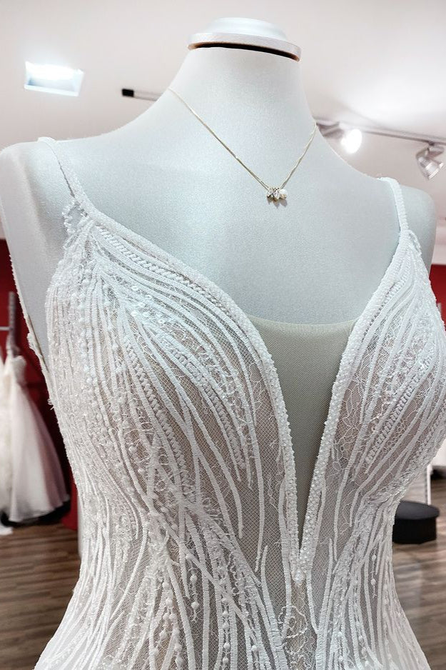 Chicloth Breath-taking Tulle V Neck Sequins Ruffles A-Line Wedding Dresses