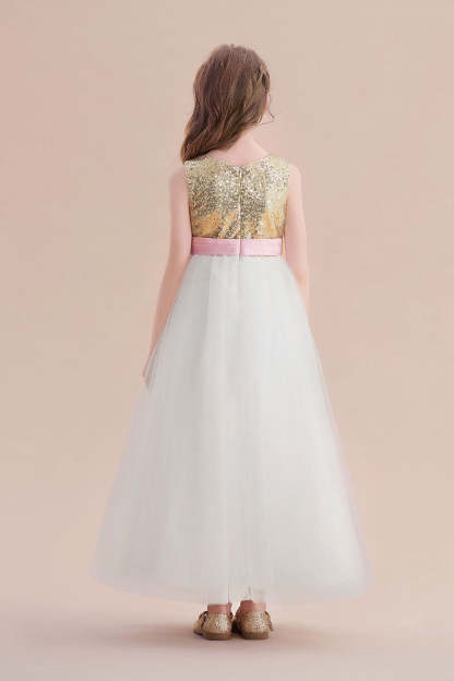 Chicloth A-Line Sequins Tulle High-waisted Flower Girl Dress On Sale