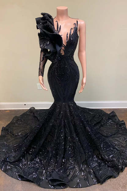 Chicloth Black One Shoulder Long Sleeves Prom Dress Mermaid Sequins