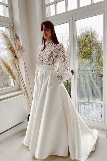 Chicloth Long Sleeves Bridal Dress Lace Satin Skirt With Pockets
