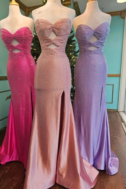Beautiful Sweetheart Lace up Rhinestone Split Front Mermaid Prom Dresses