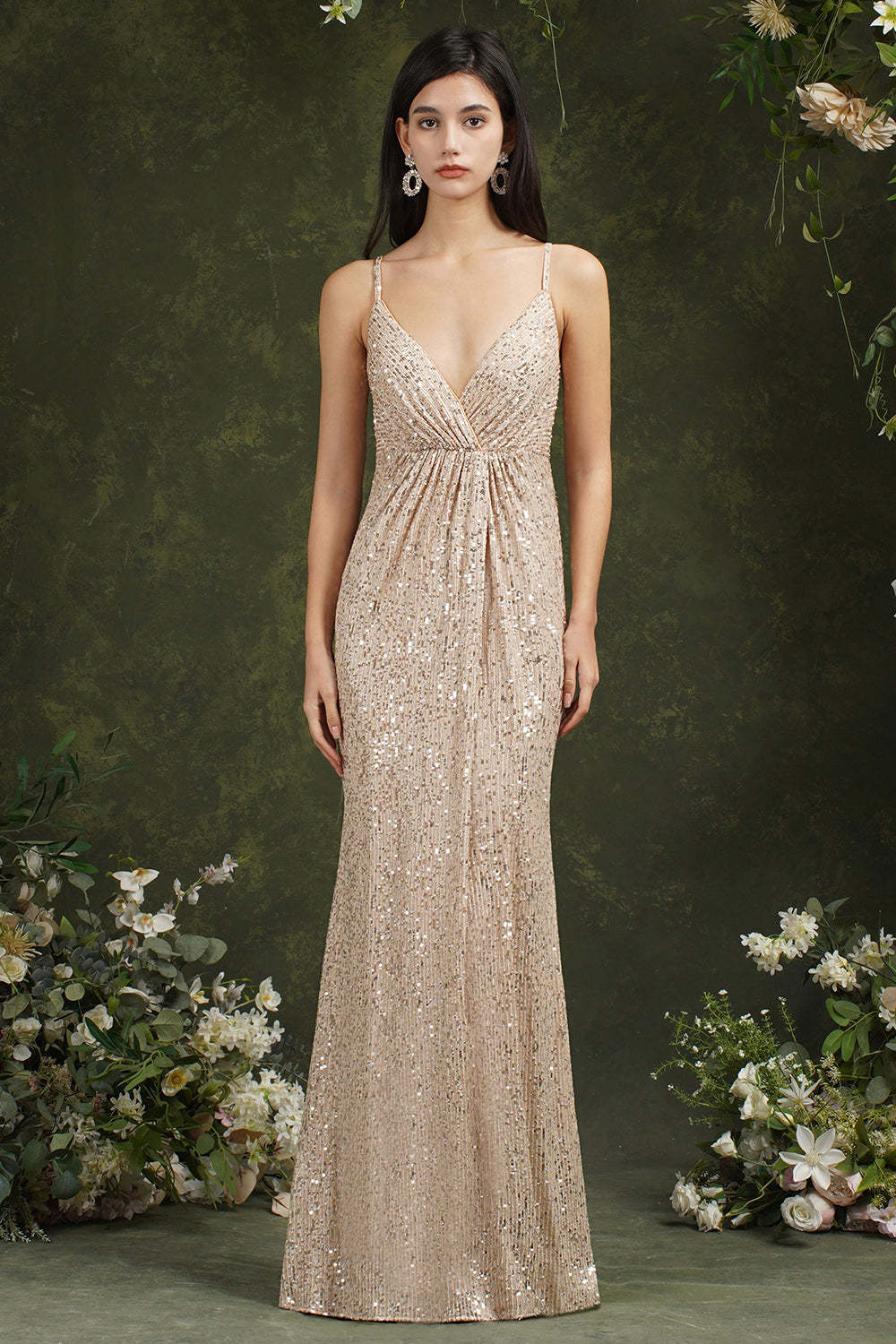Chicloth Spaghetti-Straps Sequins Bridesmaid Dress Sleeveless