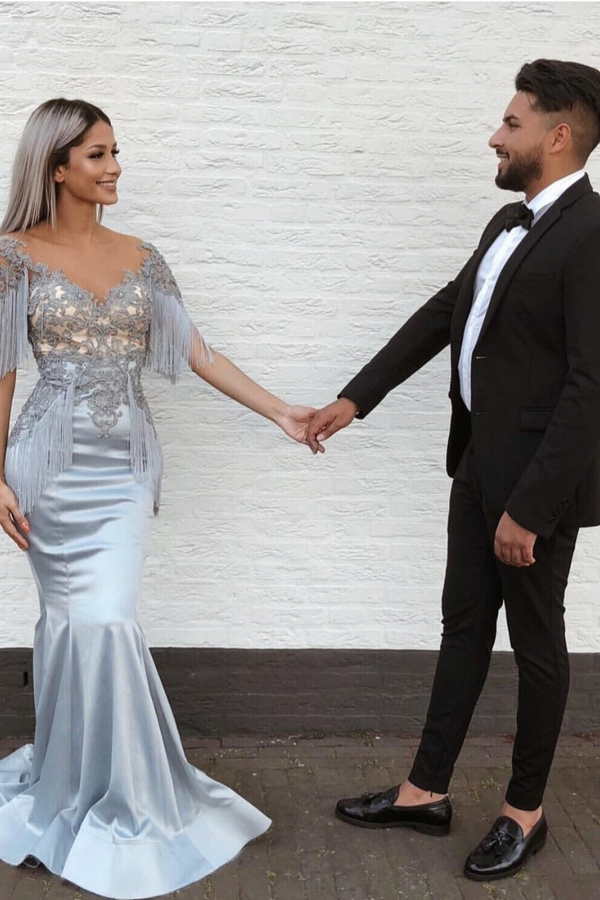 Mermaid Lace Appliqué Tassel Prom Dress | Short Sleeve V-Neck Evening Gown