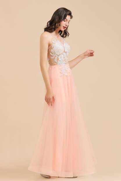 Chicloth Round Neck Lace Appliques Long Evening Prom Dress