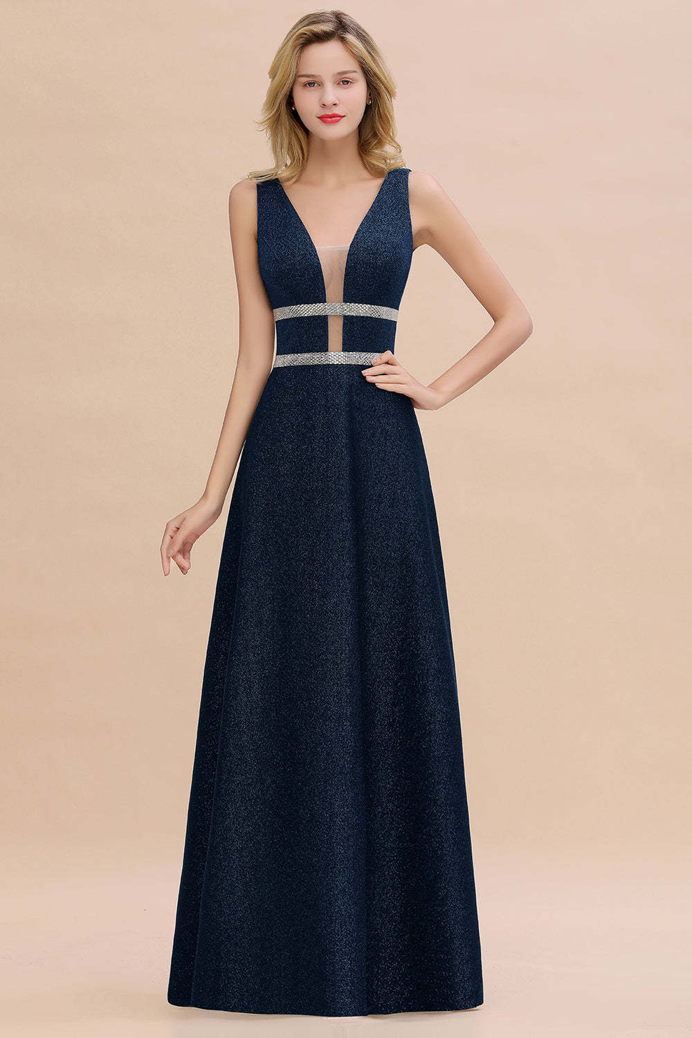 Chicloth Shinning V-Neck Sleeveless Long Prom Dress Online With Zipper Back