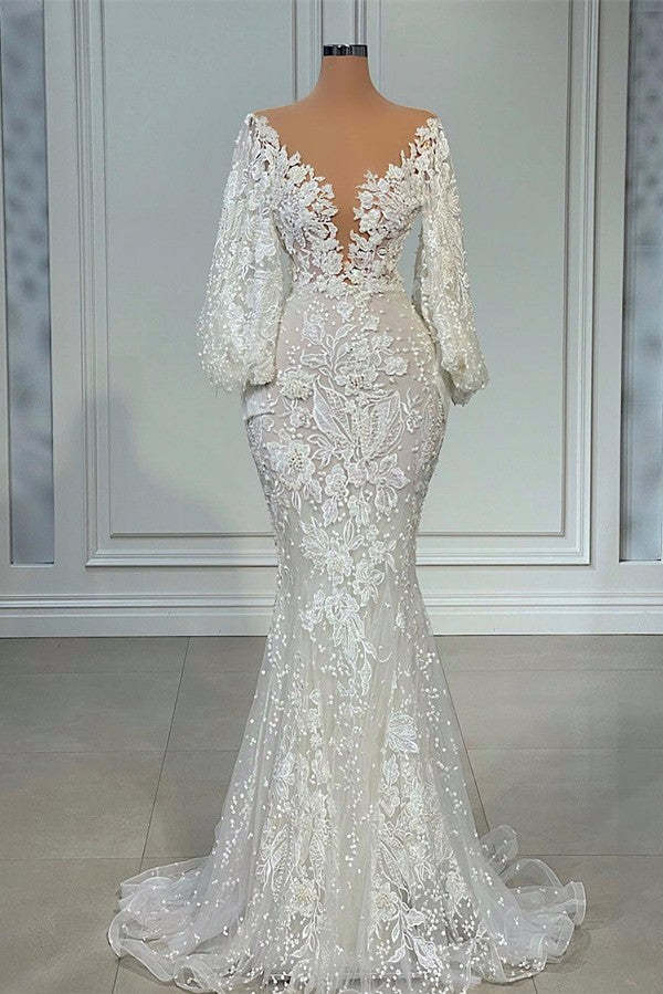 Chicloth Long Sleeves Bridal Gowns Mermaid With Lace Appliques