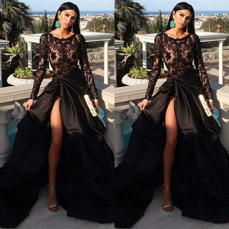 Chicloth Long Sleeves Black Prom Dress Lace Long With Slit