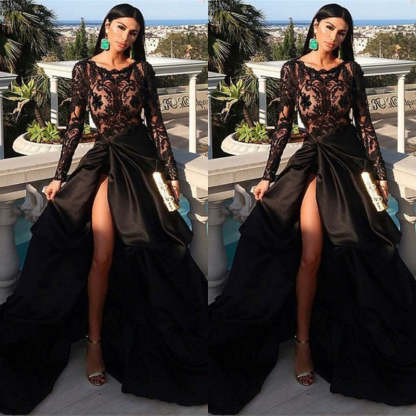 Chicloth Long Sleeves Black Prom Dress Lace Long With Slit