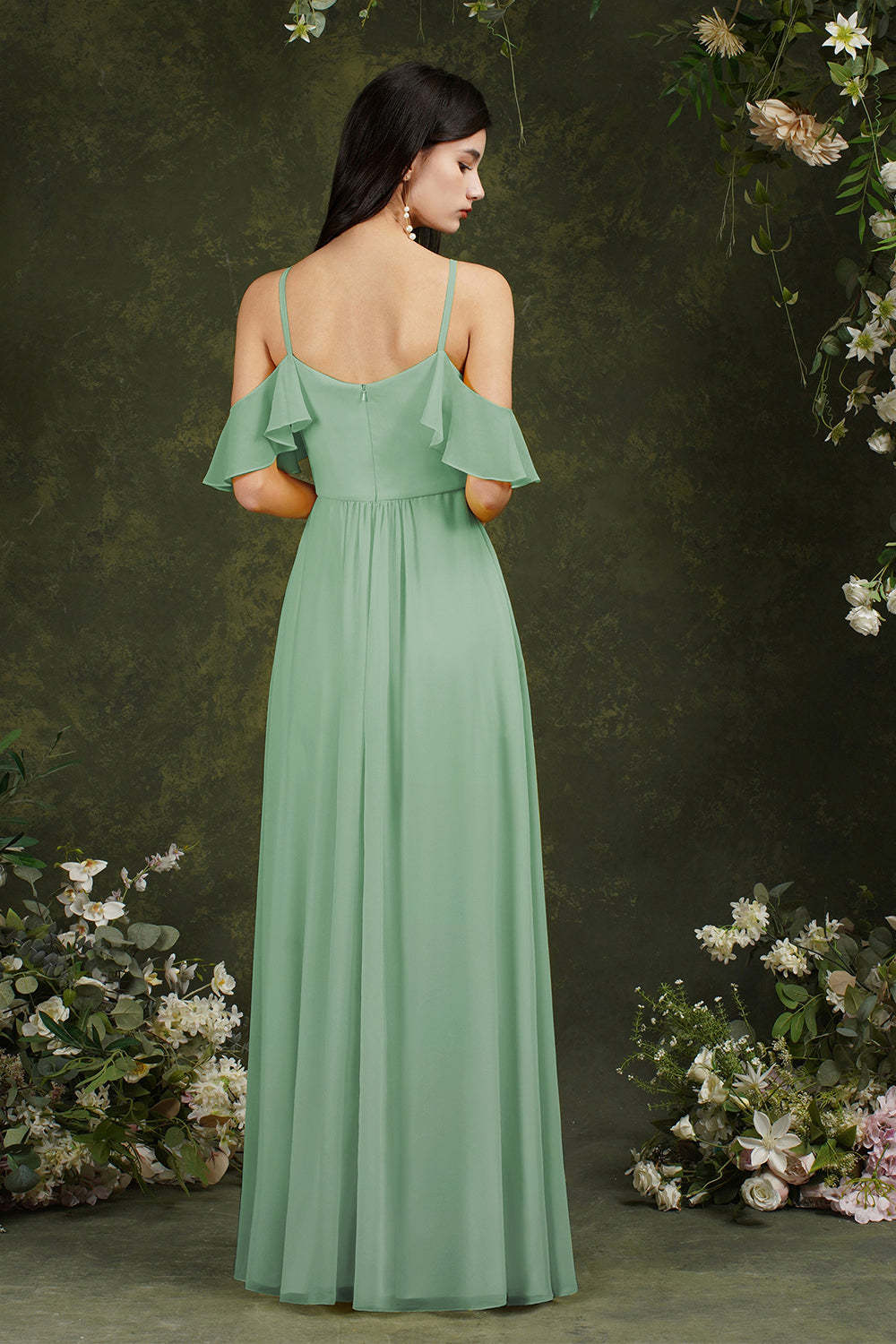 Chicloth Halter Chiffon Bridesmaid Dress Long WIth Ruffle
