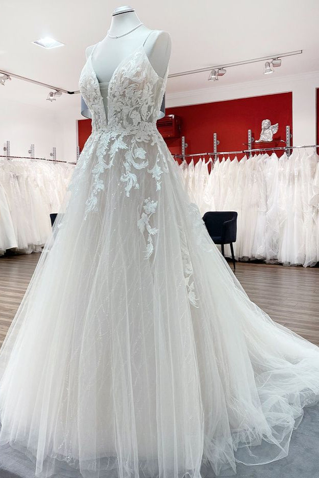 Chicloth Graceful Spaghetti Straps Tulle V Neck Sequins Wedding Dresses With Lace Appliques