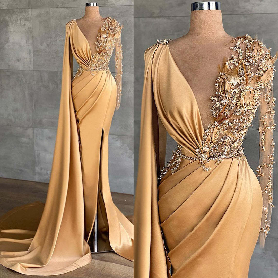 Chicloth Long Sleeves Mermaid Prom Dress Ruffles With Appliques