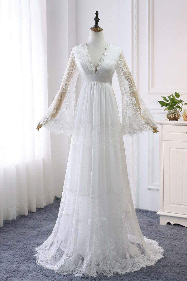 Chicloth Chic Empire Lace Tulle Wedding Dress Long Sleeves V-Neck Appliques Bridal Gowns On Sale