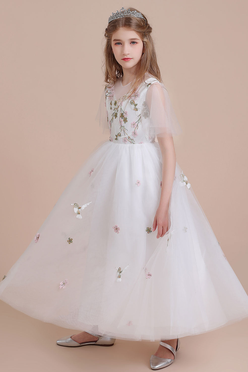 Chicloth A-Line Short Sleeve Embroidered Tulle Flower Girl Dress On Sale