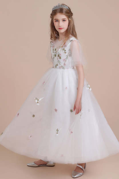 Chicloth A-Line Short Sleeve Embroidered Tulle Flower Girl Dress On Sale