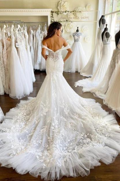 Off-the-Shoulder Sweetheart Mermaidd Bridal Gown Tulle Lace Appliques Wedding Dress